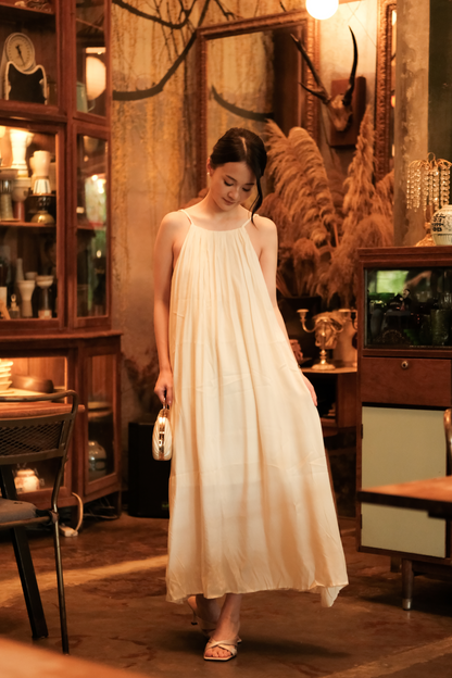 Solène Draped Back Maxi Dress in Beige