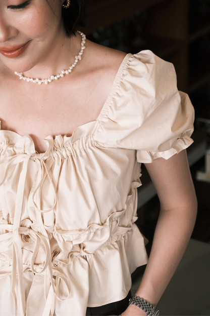 Noelle Ruched Tie Blouse in Beige