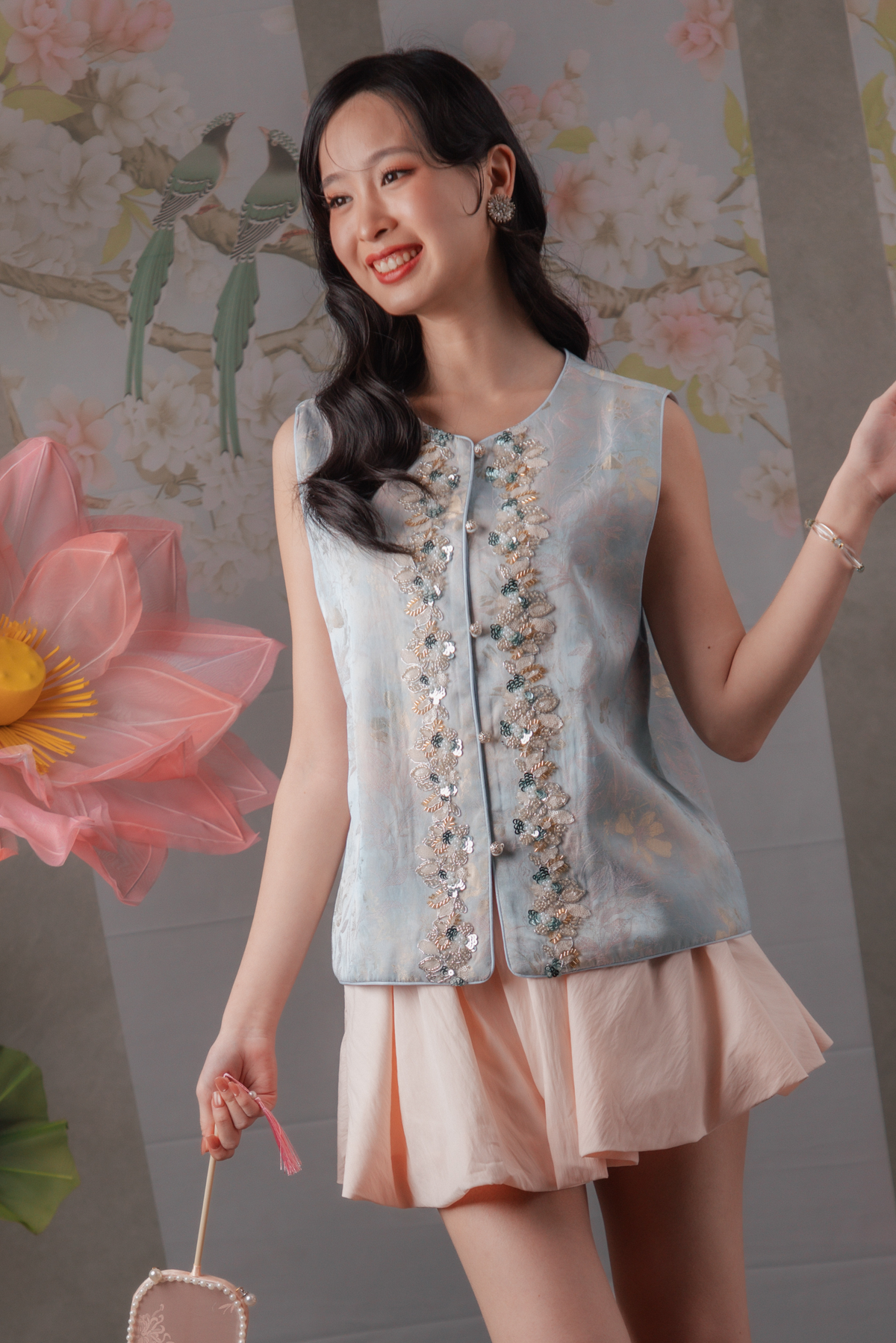 Briony Beaded Floral Cheongsam Vest in Blue