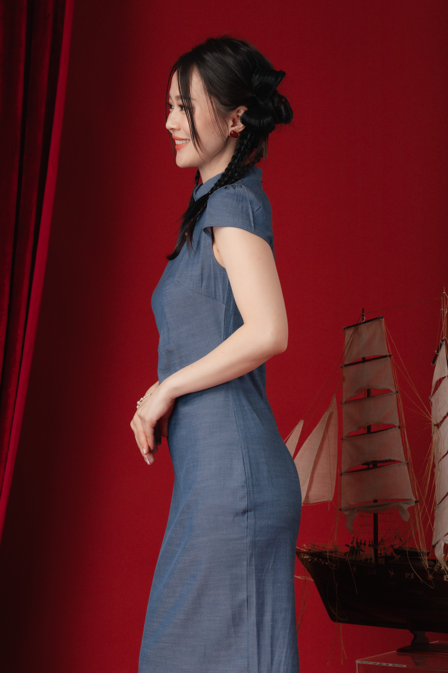 Denim Sculpt Cheongsam Midi Dress