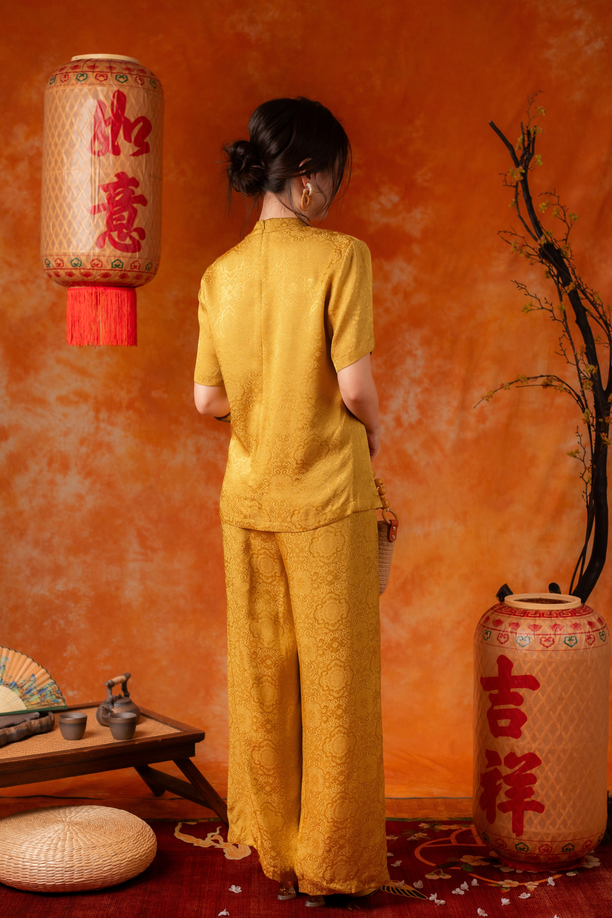 Ingrid Damask Cheongsam Top and Pants Set
