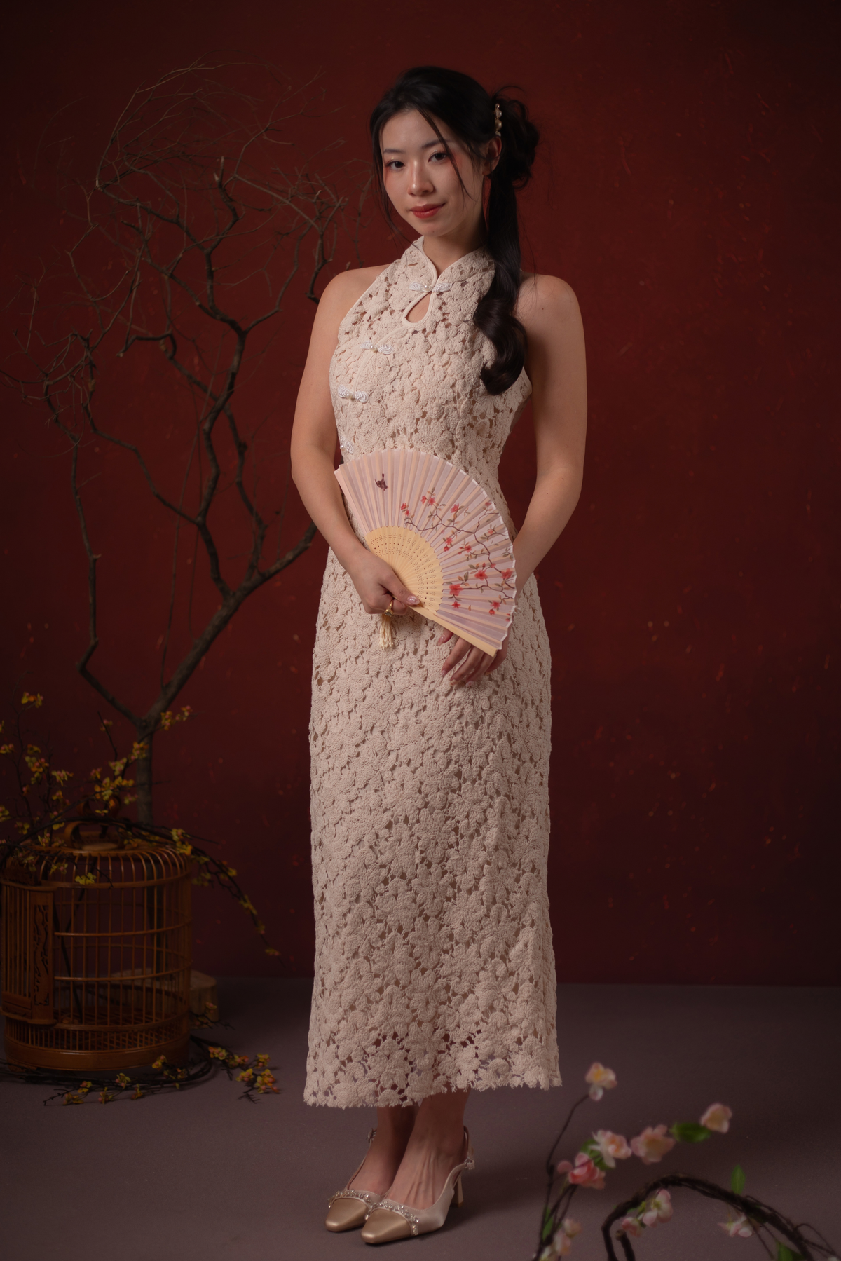 Camellia Lace Cheongsam Dress in Champagne