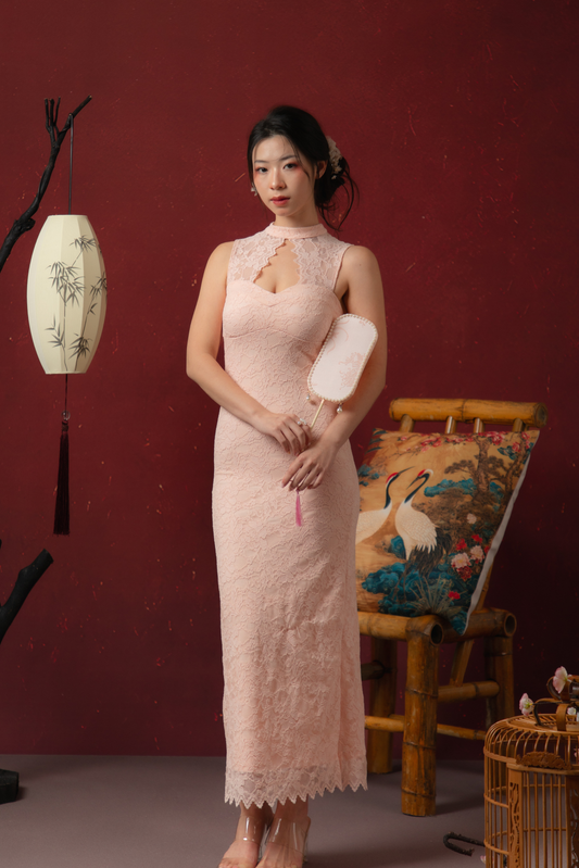 Roselle Lace Cheongsam Dress in Blush Pink
