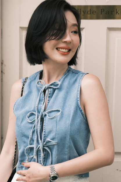 Rhea Lace-Up Denim Vest in Blue
