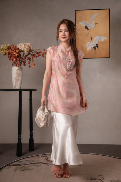 Freya Silver Stems Cheongsam Top in Blush Pink