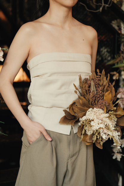 Isaline Ruched Back Tube Blouse in Beige