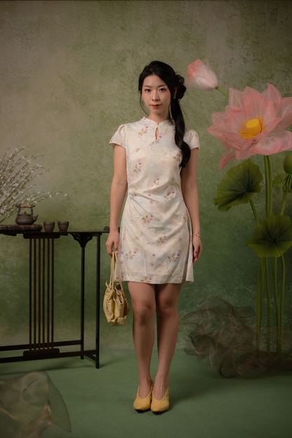 Orchid Butterfly Cheongsam Dress in Pale Champagne