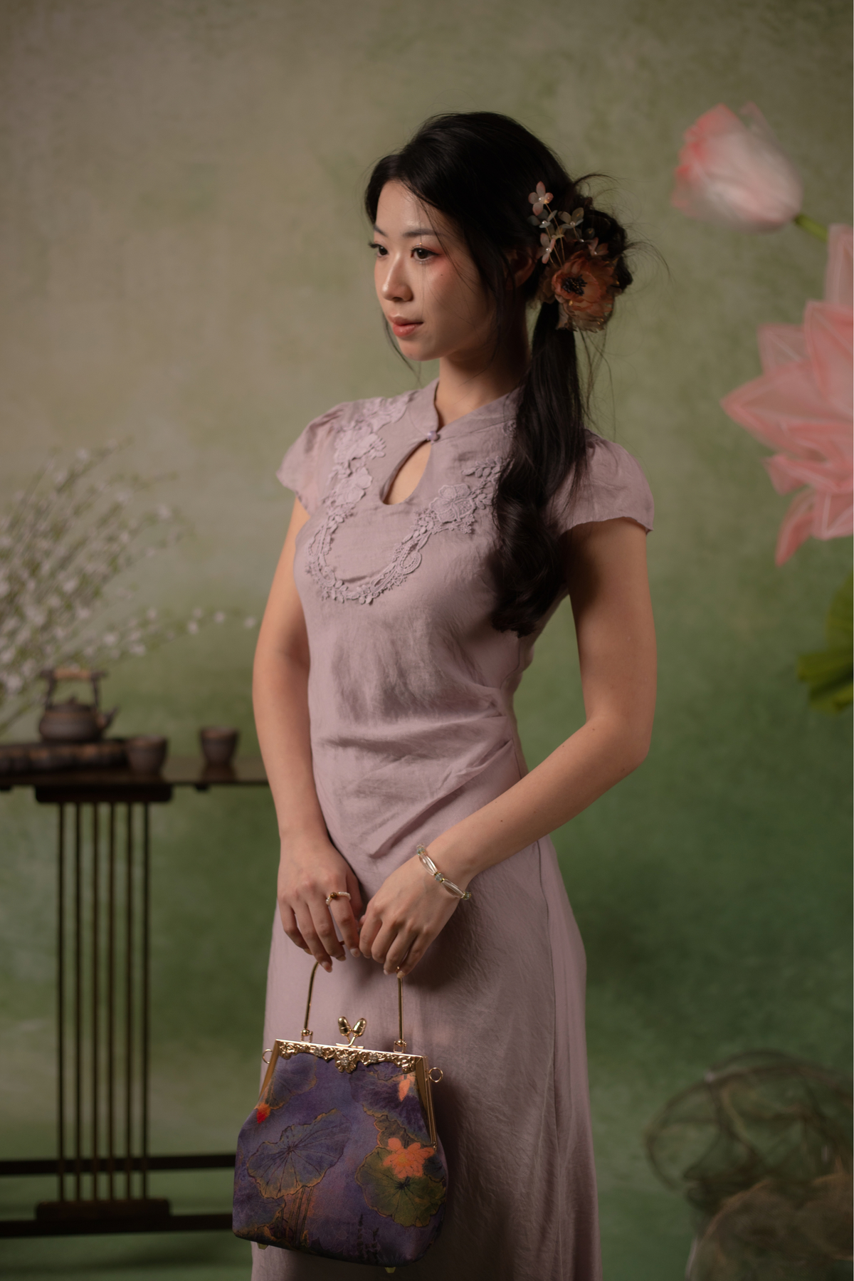 Serene Bloom Cheongsam Dress in Dusty Mauve