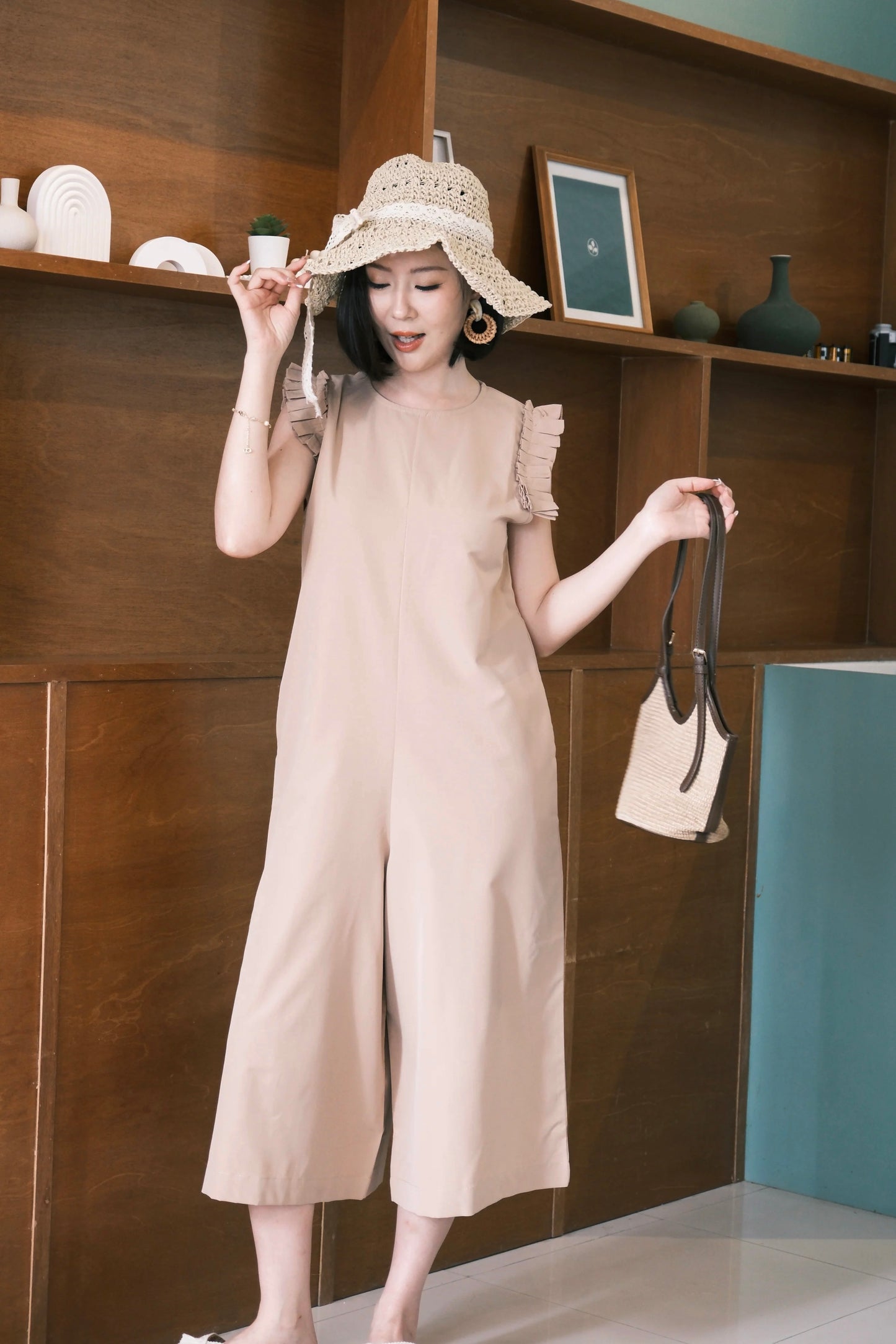 Camille Ruffle Wide-Leg Jumpsuit In Khaki