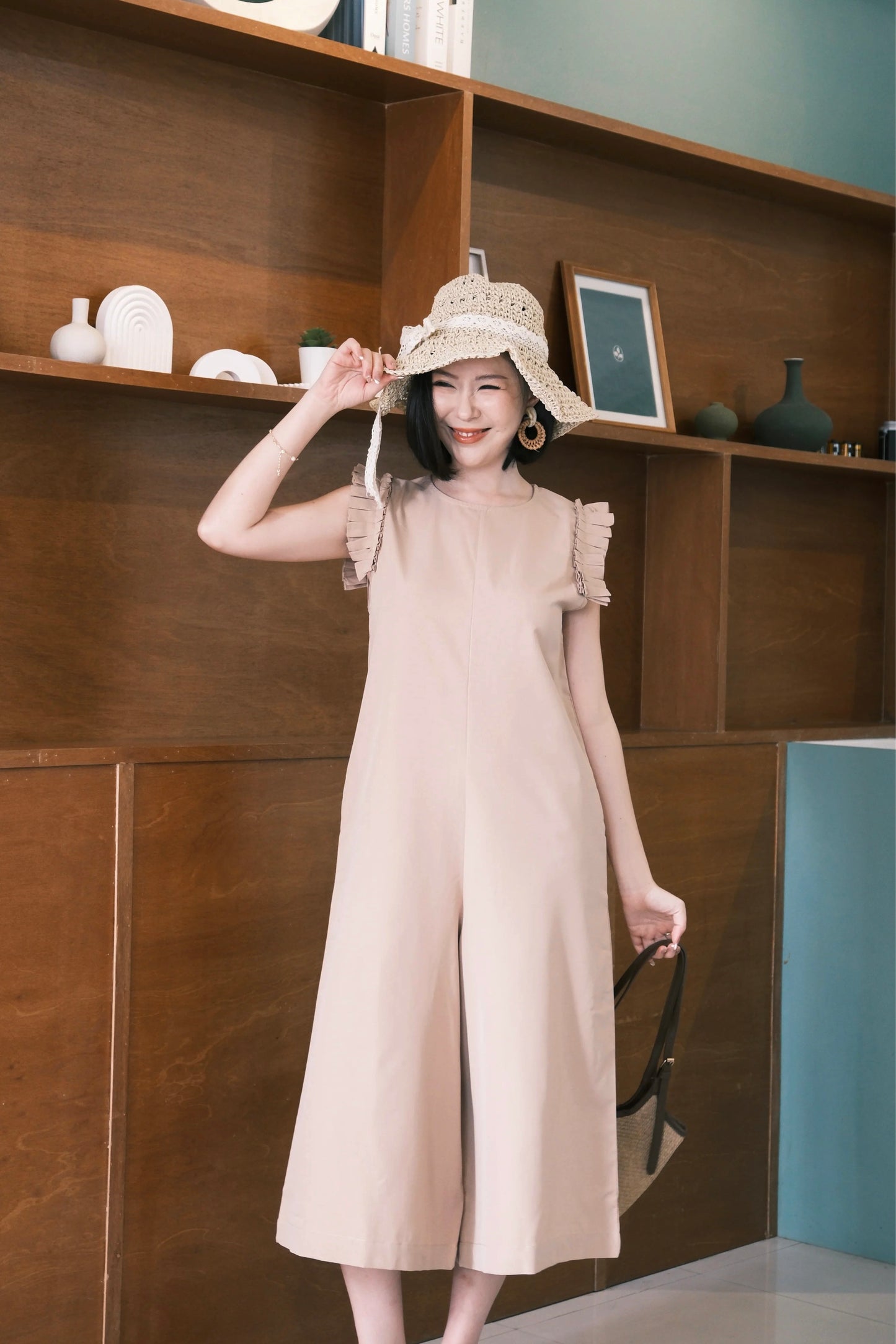 Camille Ruffle Wide-Leg Jumpsuit In Khaki