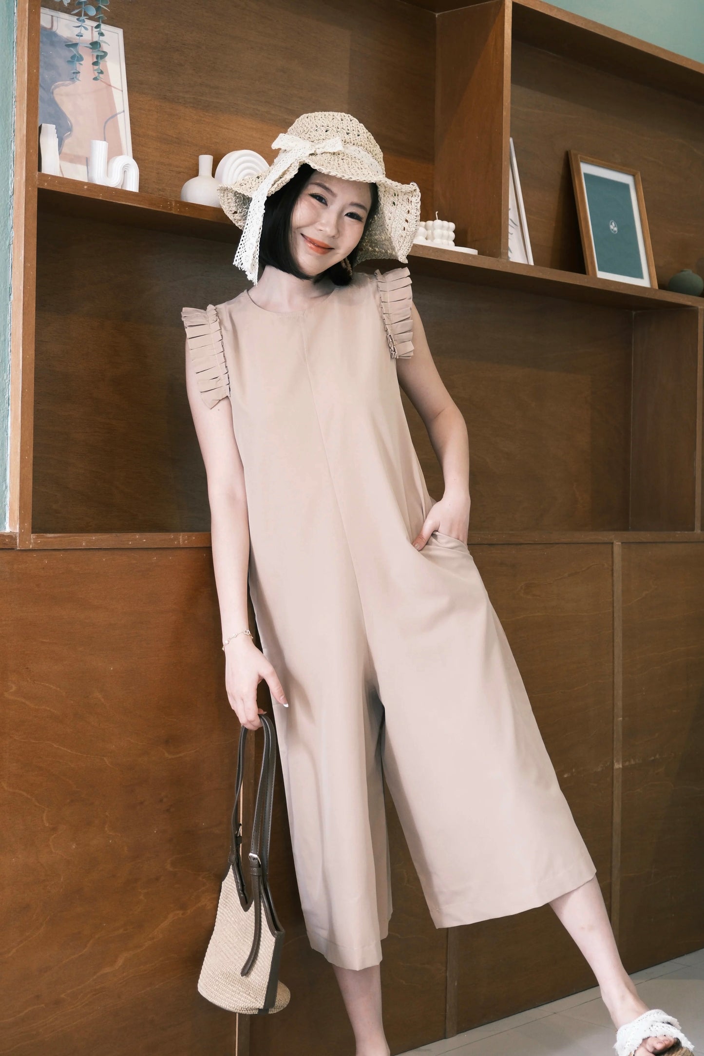 Camille Ruffle Wide-Leg Jumpsuit In Khaki