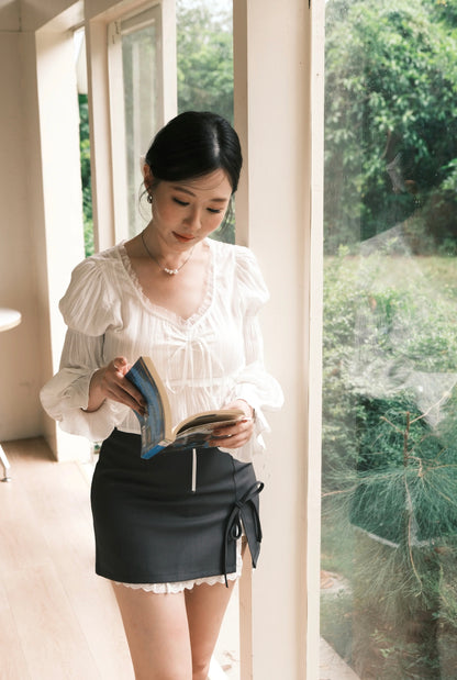 Lace-Trim Puff Sleeve Peplum Blouse in White