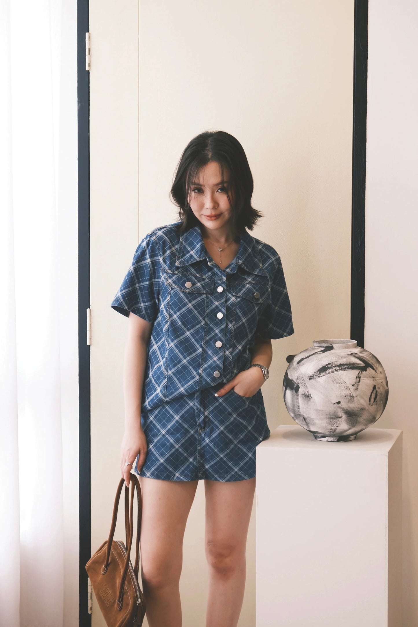 Aeris Plaid Denim Two-Piece Set