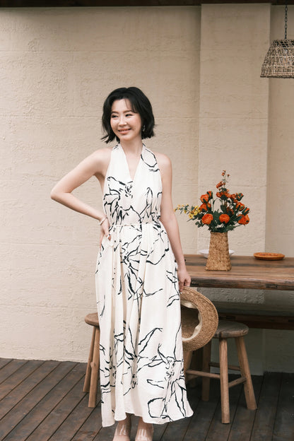 Noir Fleur Halter Maxi Dress in Cream