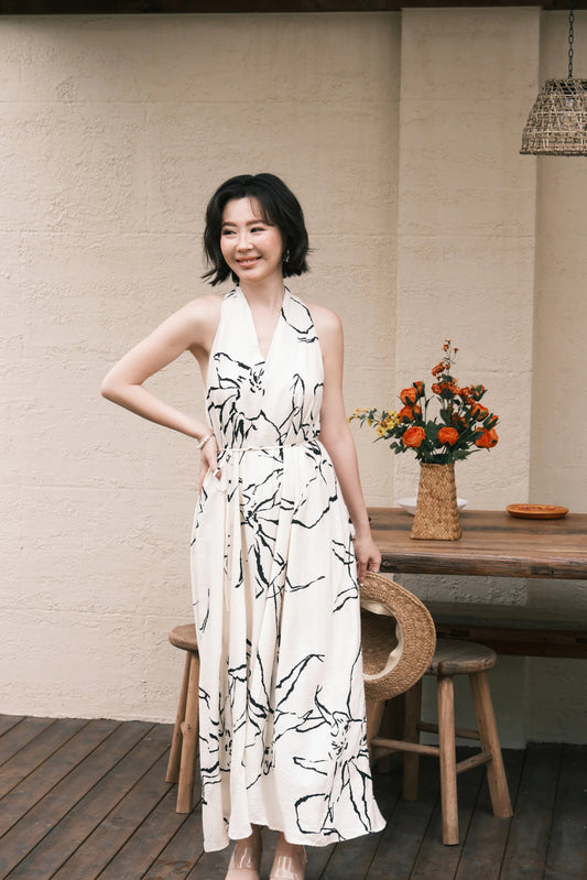 Noir Fleur Halter Maxi Dress in Cream