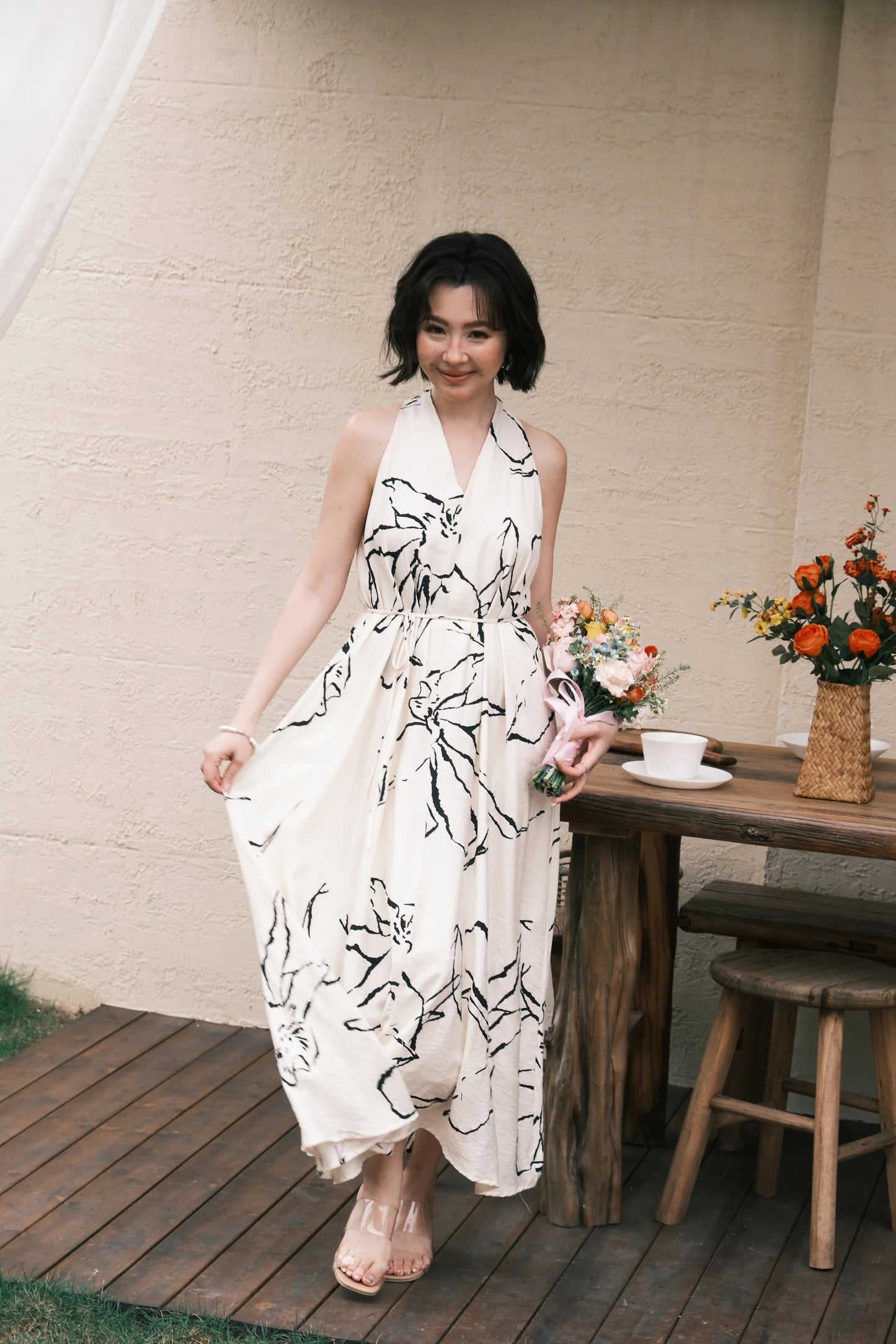Noir Fleur Halter Maxi Dress in Cream