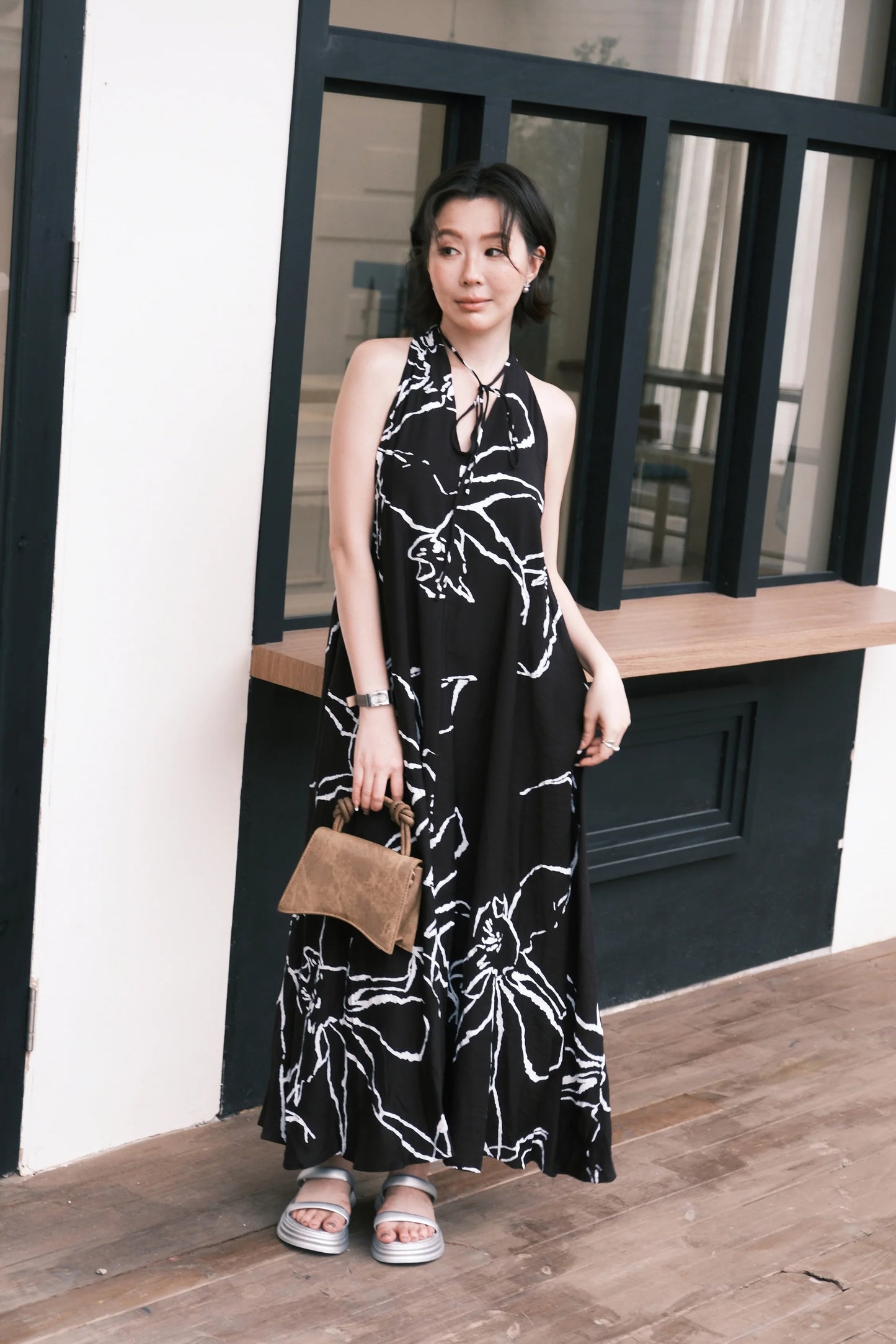 Noir Fleur Halter Maxi Dress in Black