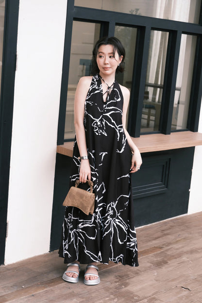 Noir Fleur Halter Maxi Dress in Black
