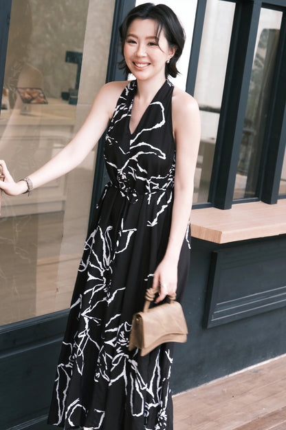 Noir Fleur Halter Maxi Dress in Black