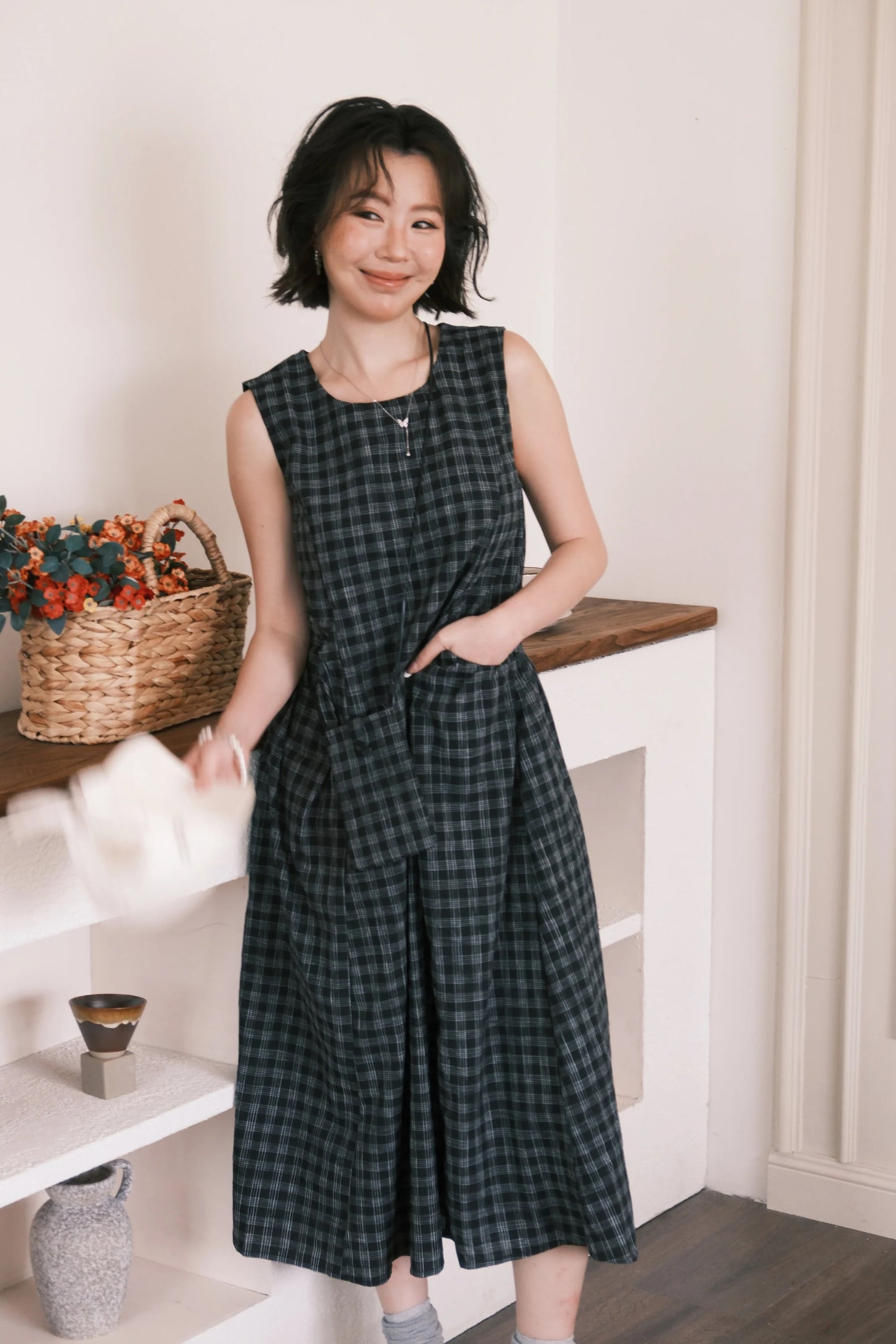Elodie Plaid Midi Dress in Black