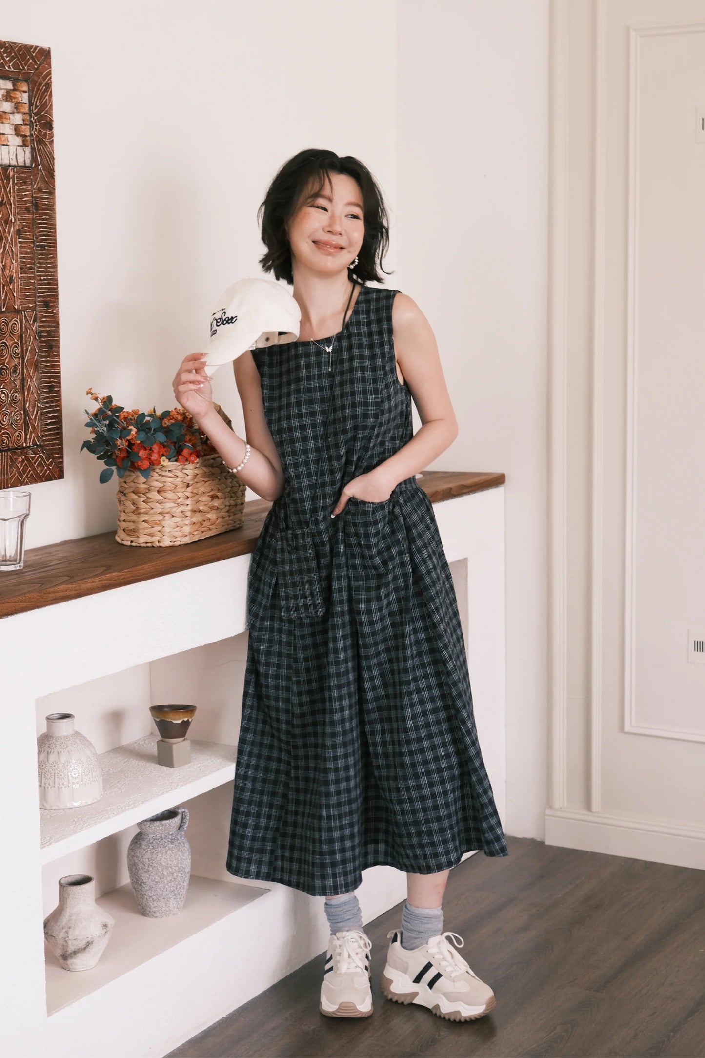 Elodie Plaid Midi Dress in Black