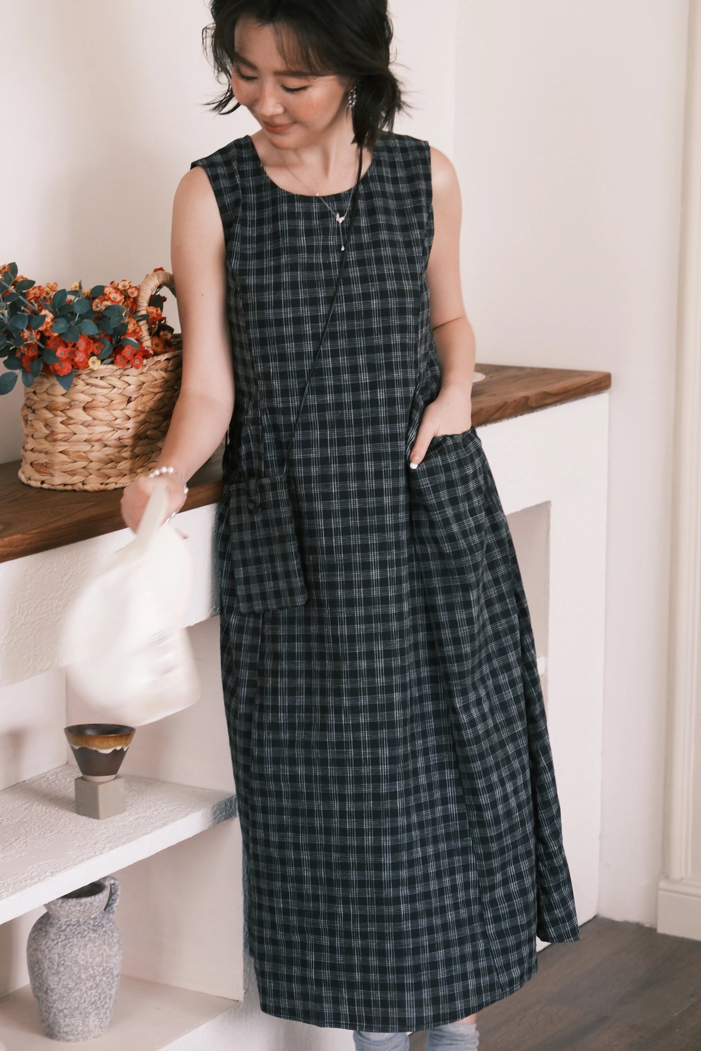 Elodie Plaid Midi Dress in Black