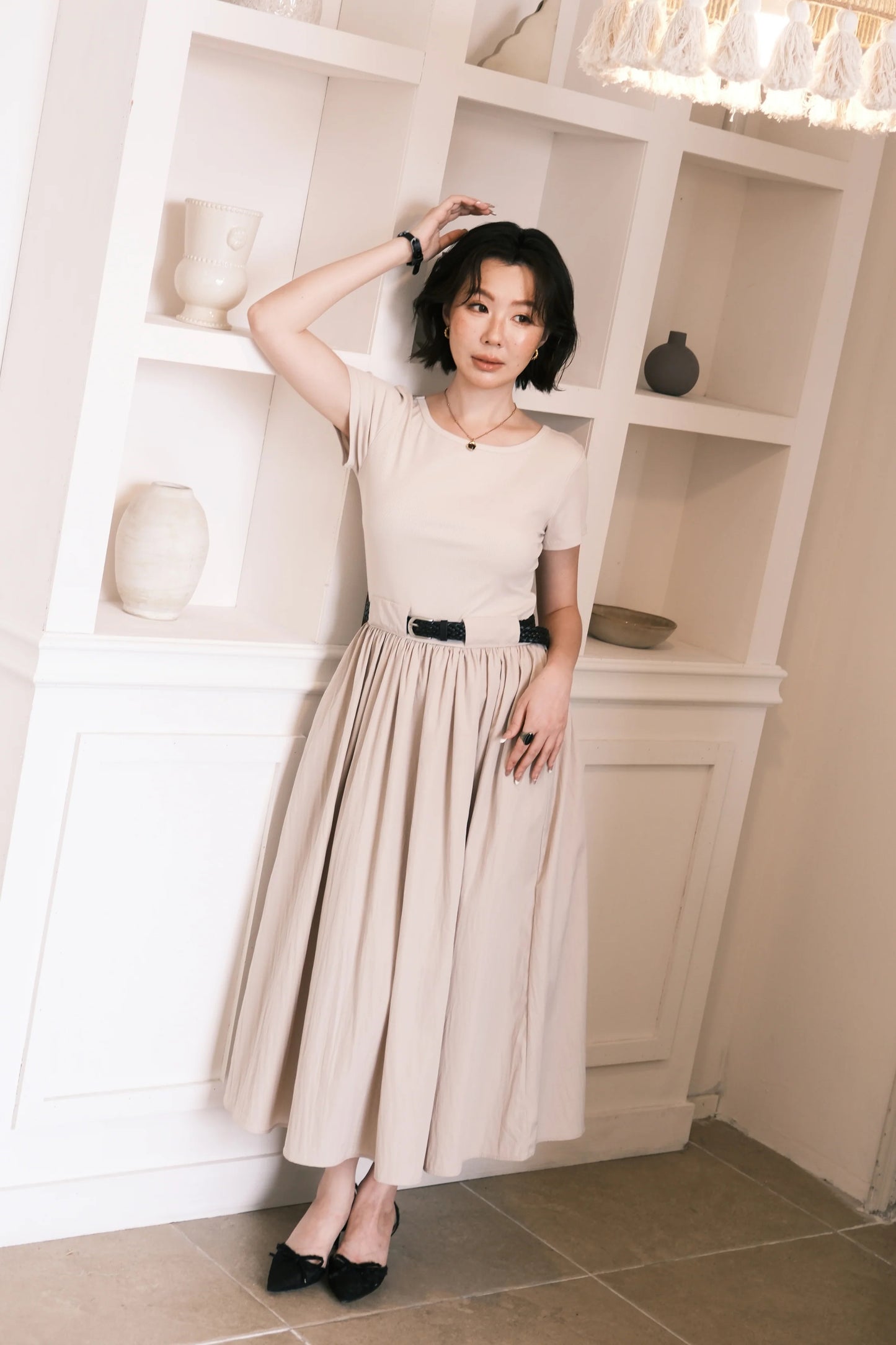 Margot Belted Dress in Cream