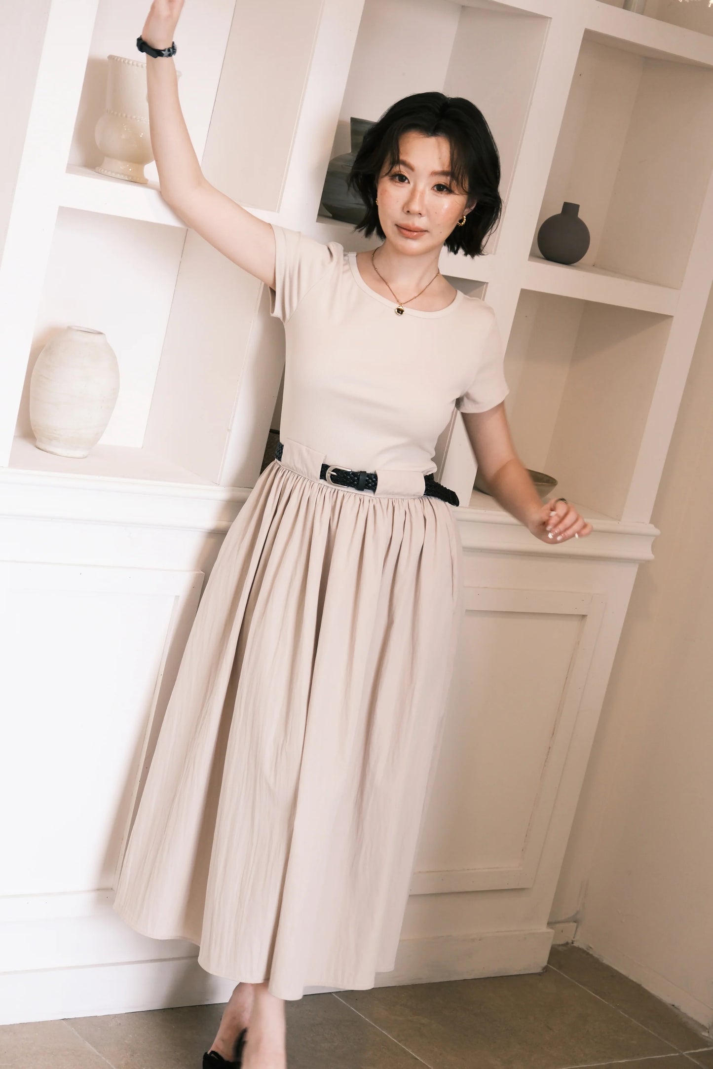 Margot Belted Dress in Cream