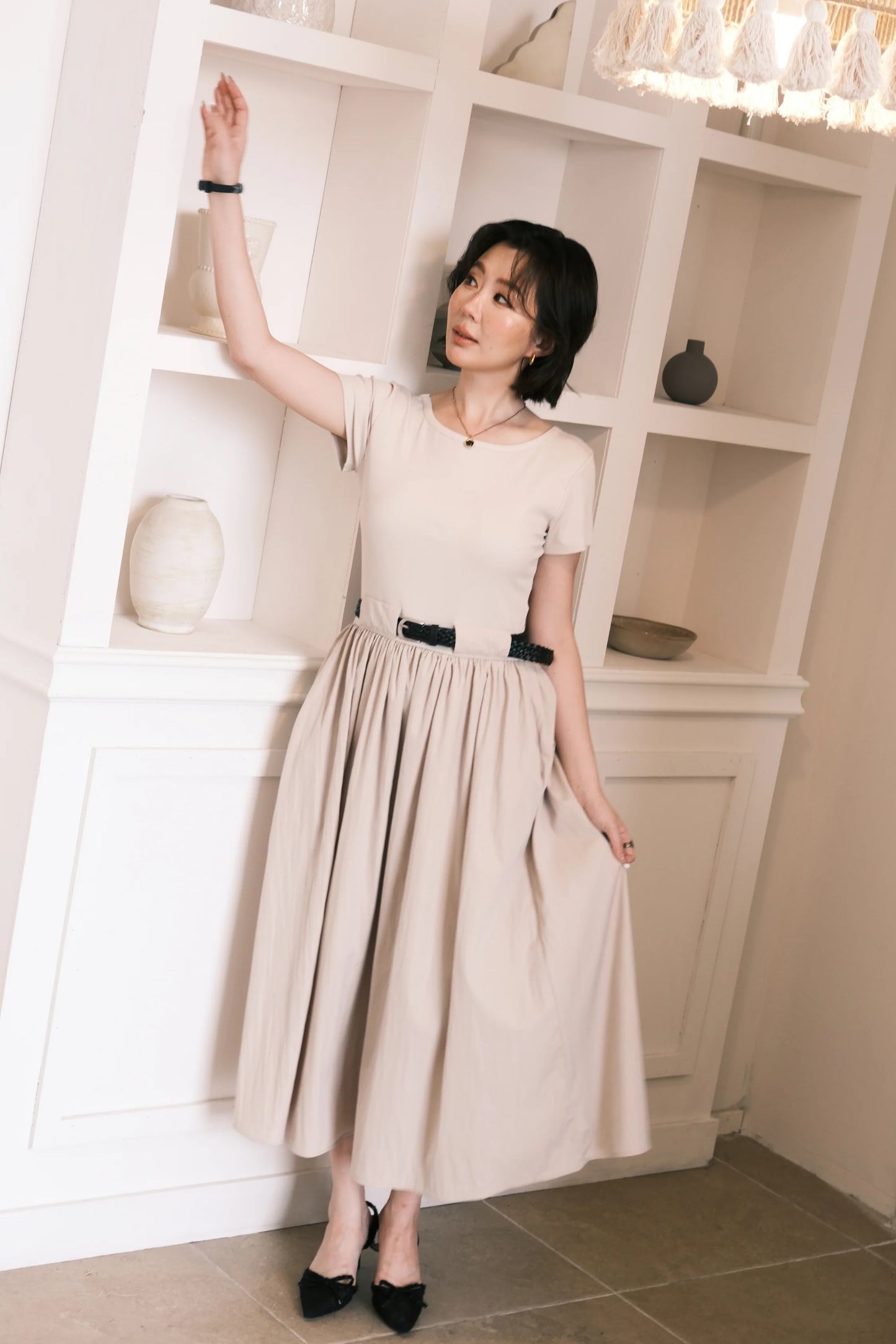 Margot Belted Dress in Cream