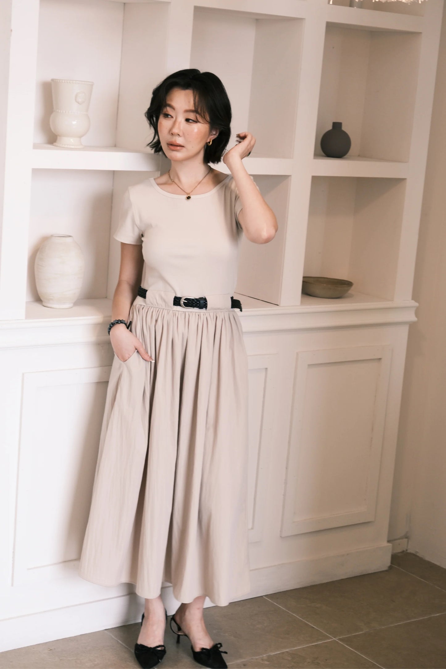 Margot Belted Dress in Cream