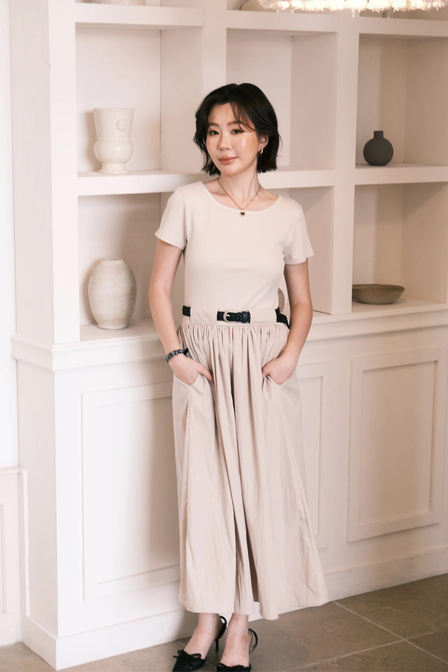 Margot Belted Dress in Cream
