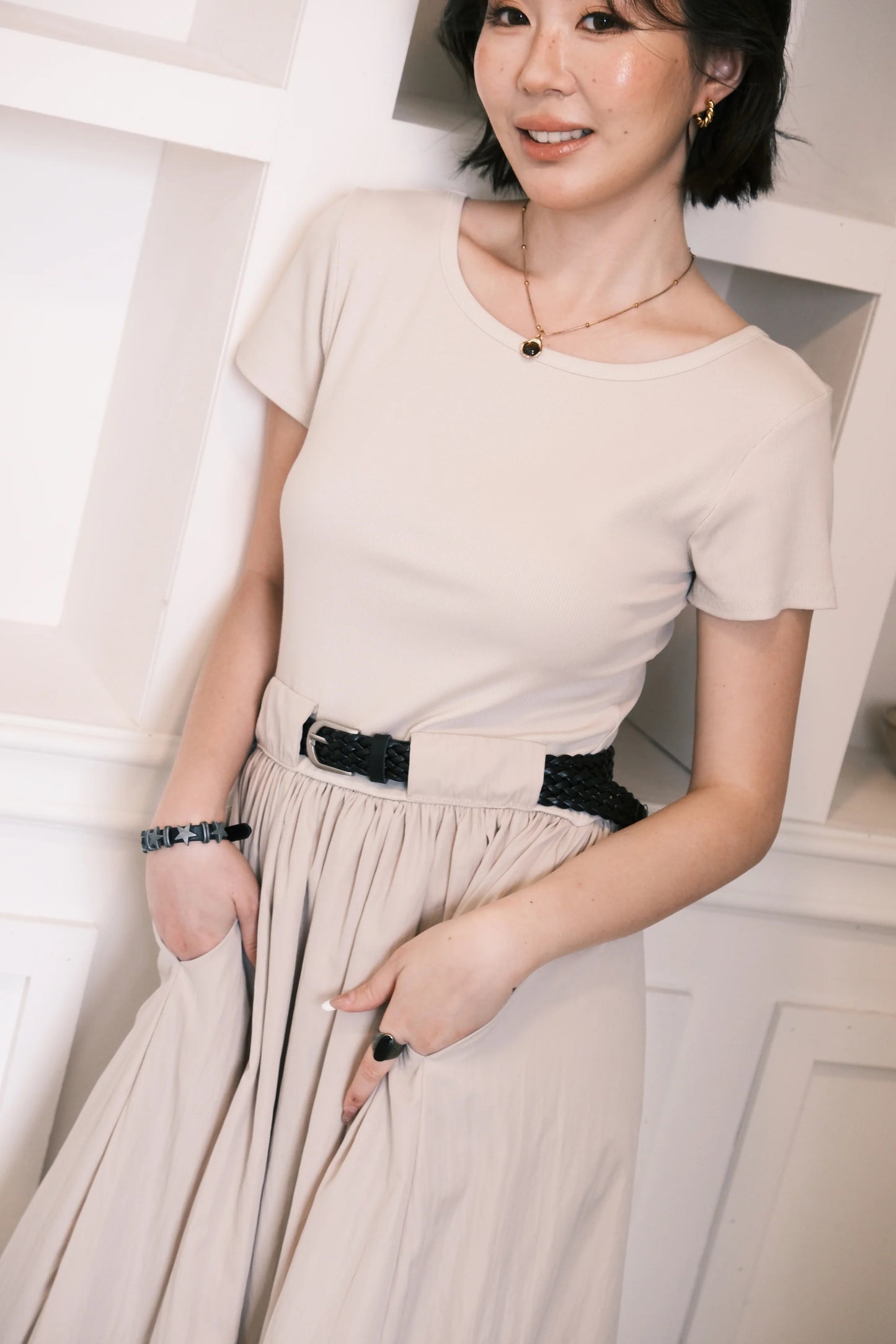 Margot Belted Dress in Cream