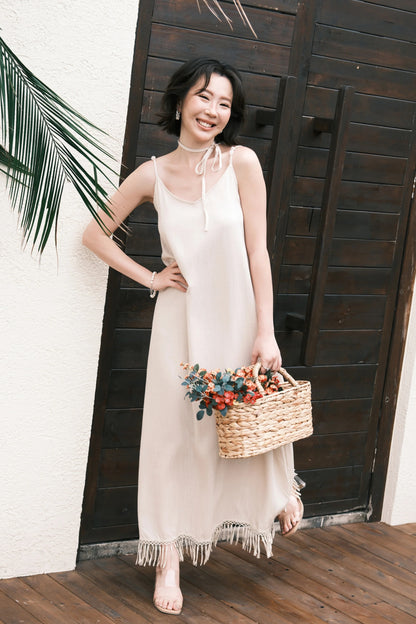 Soleia Fringe Maxi Dress in Oatmeal