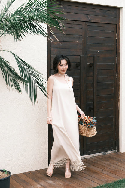 Soleia Fringe Maxi Dress in Oatmeal