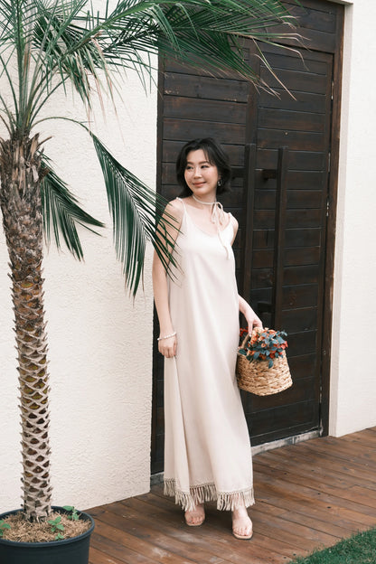 Soleia Fringe Maxi Dress in Oatmeal