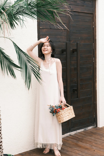 Soleia Fringe Maxi Dress in Oatmeal