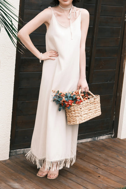 Soleia Fringe Maxi Dress in Oatmeal