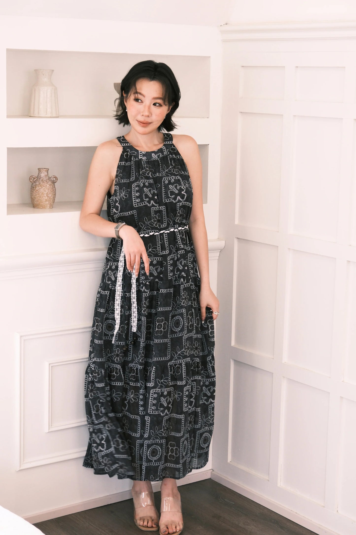 Santorini Embroidered Maxi Dress in Black