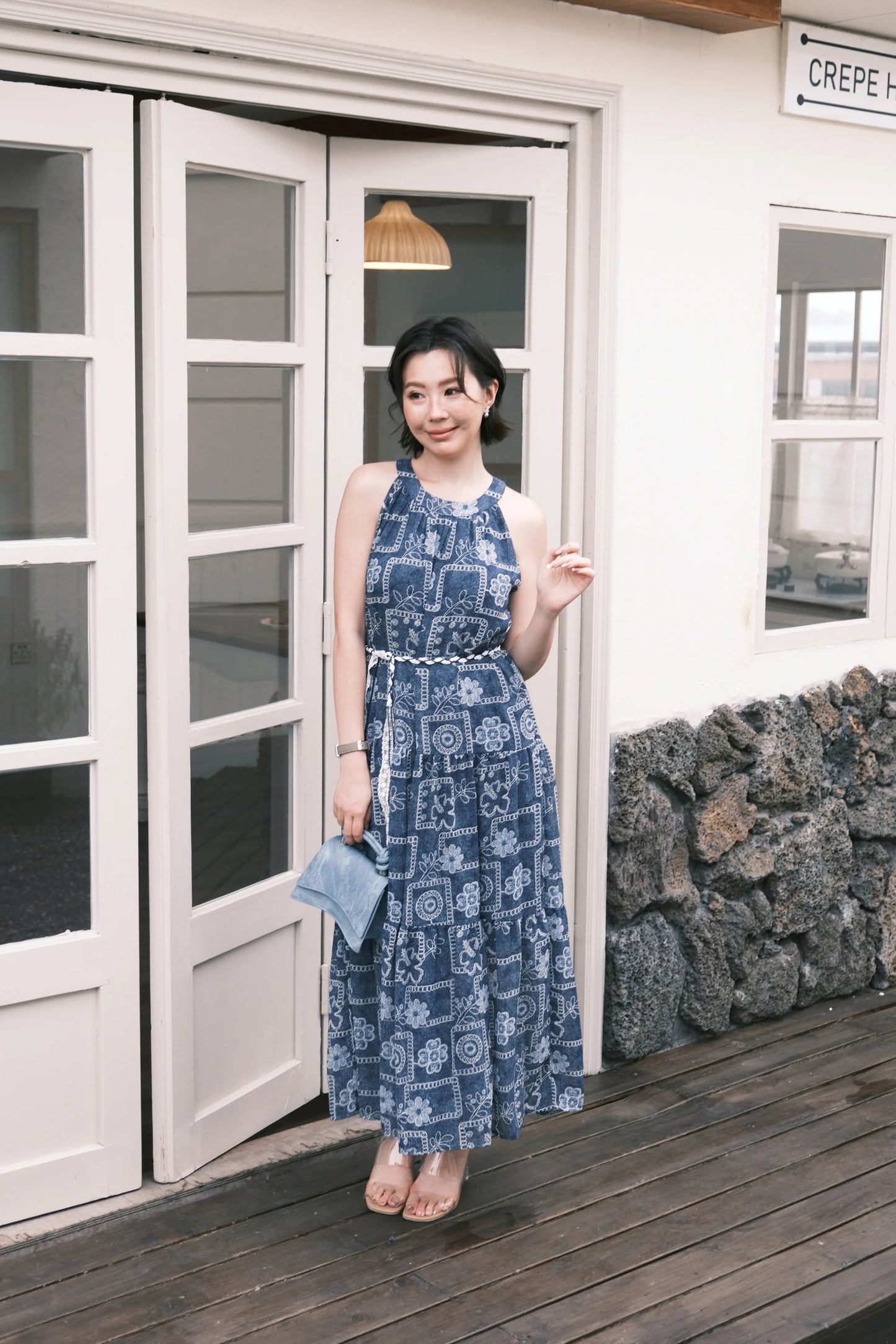 Santorini Embroidered Maxi Dress in Blue