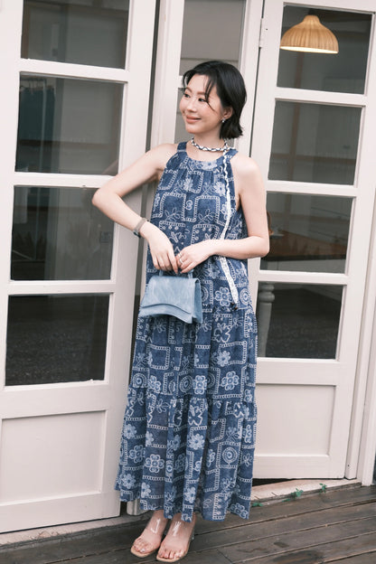 Santorini Embroidered Maxi Dress in Blue