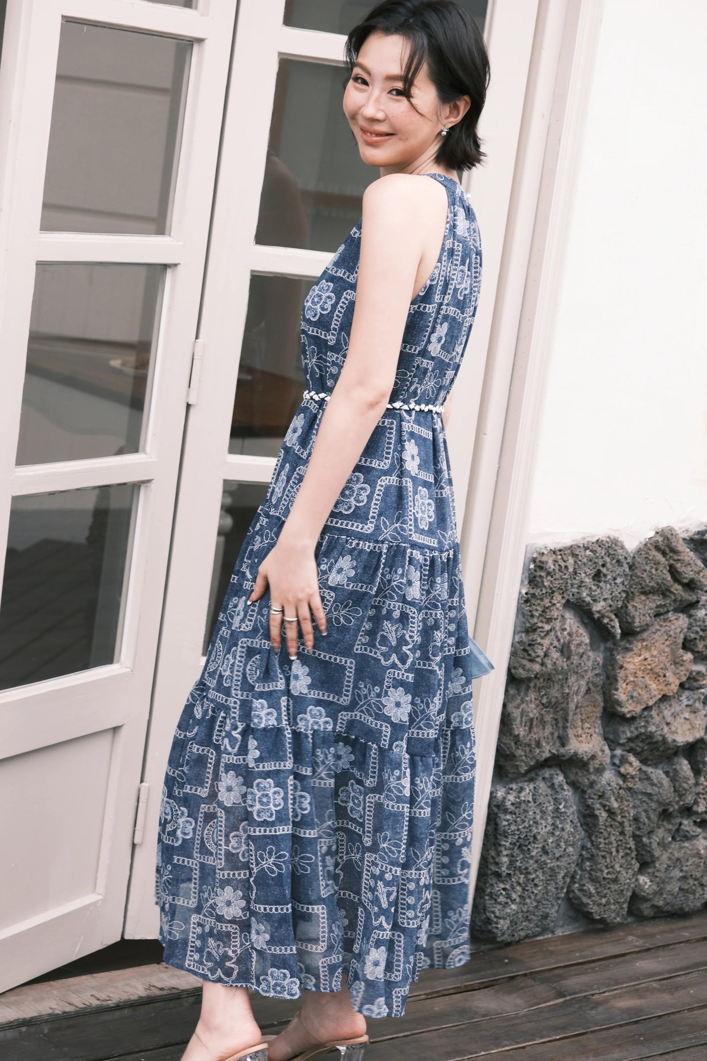 Santorini Embroidered Maxi Dress in Blue
