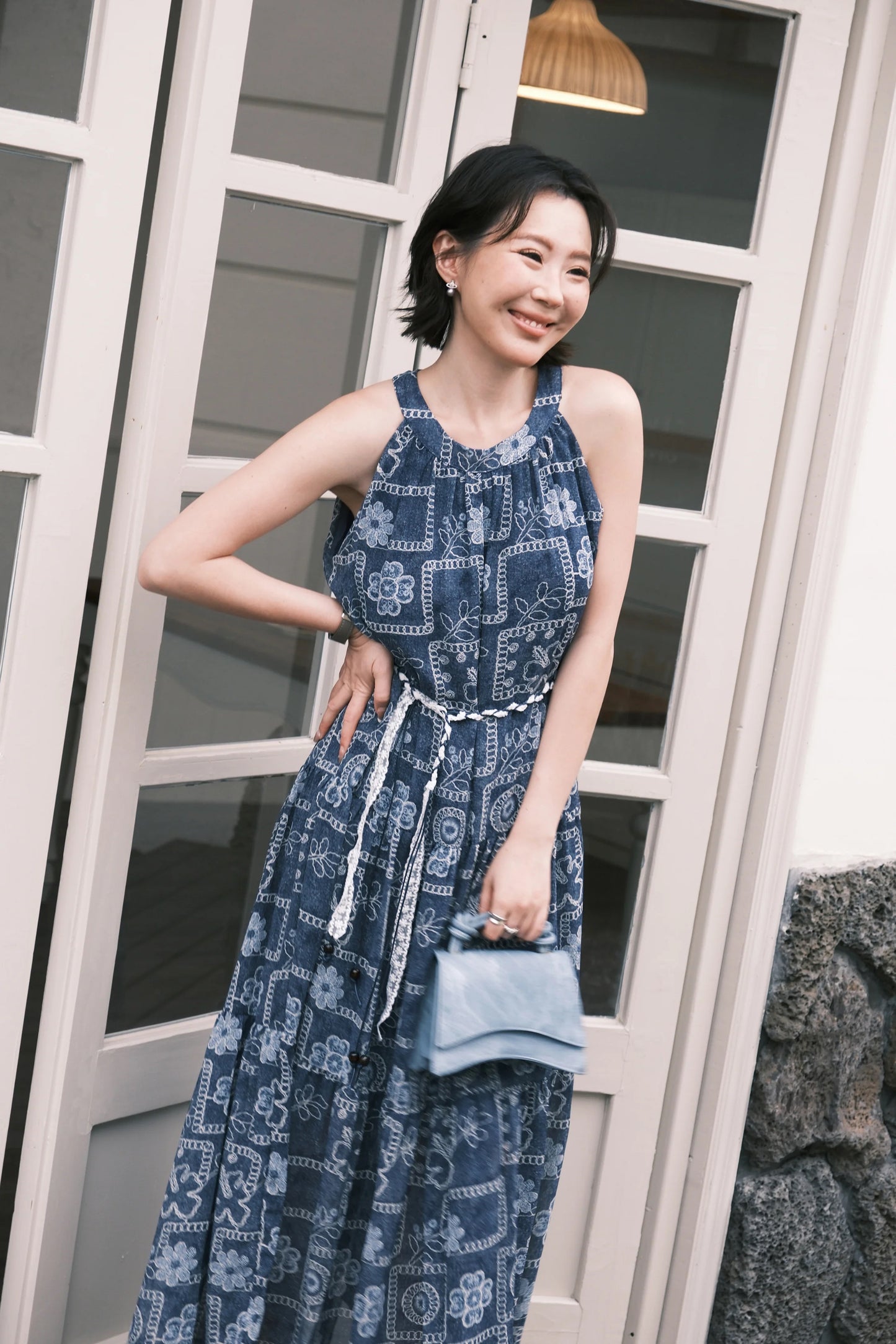 Santorini Embroidered Maxi Dress in Blue