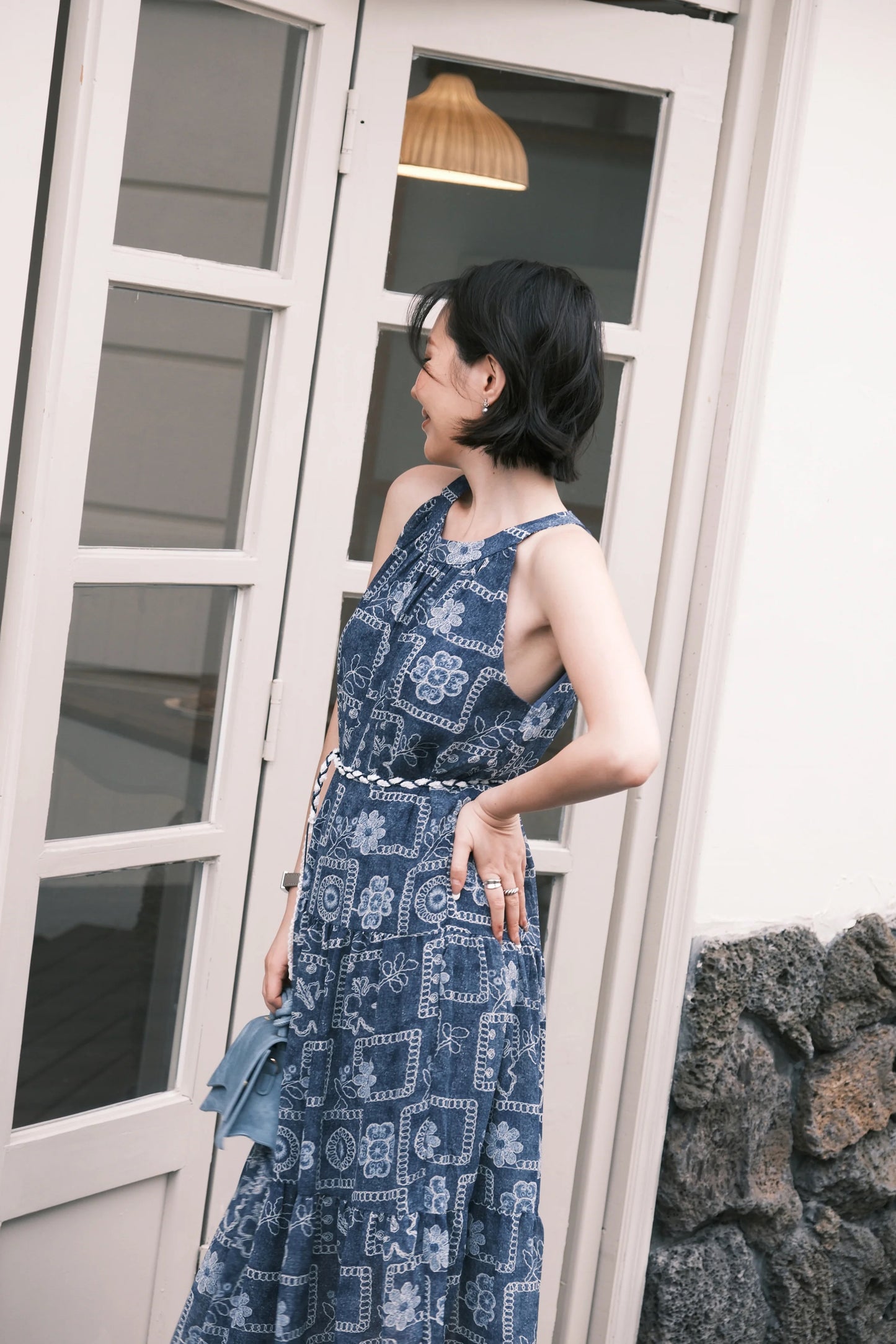 Santorini Embroidered Maxi Dress in Blue