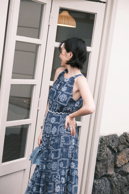 Santorini Embroidered Maxi Dress in Blue