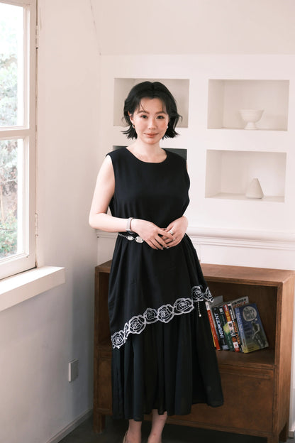 Rosalie Embroidered Layered Maxi Dress in Black