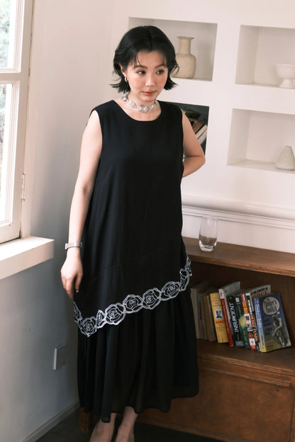 Rosalie Embroidered Layered Maxi Dress in Black