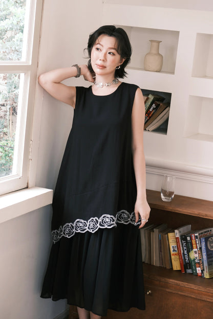 Rosalie Embroidered Layered Maxi Dress in Black