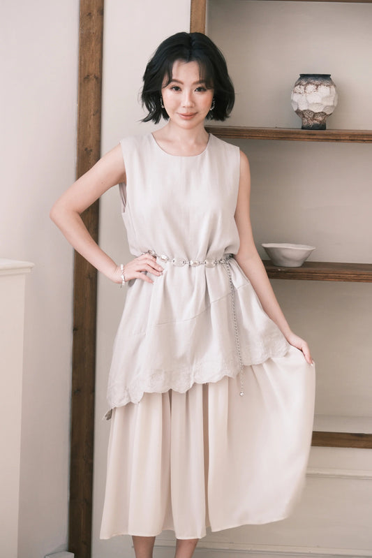 Rosalie Embroidered Layered Maxi Dress in Oatmeal