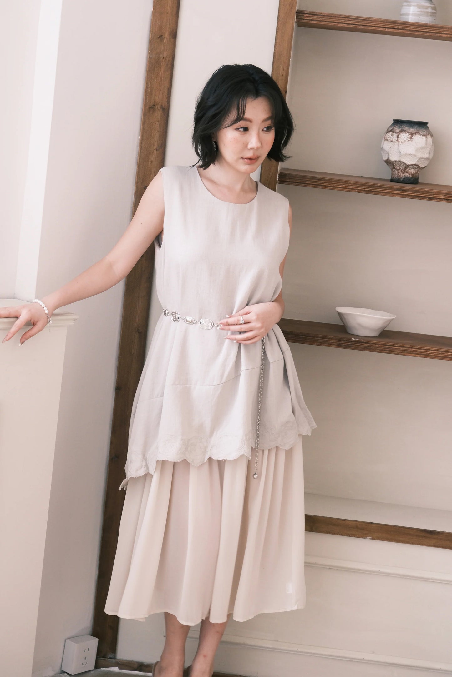 Rosalie Embroidered Layered Maxi Dress in Oatmeal