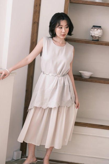 Rosalie Embroidered Layered Maxi Dress in Oatmeal
